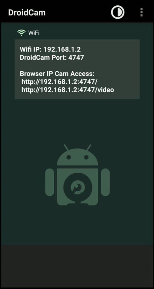 DroidCam activo (información de IP y puerto).