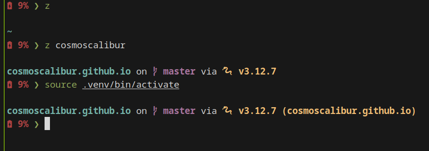 Apariencia visual de mensajes del indicador starship en la terminal para git, python y batería baja.