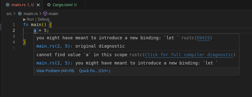 Diagnóstico de rust analyzer sugiriendo el uso de let para asignar una variable